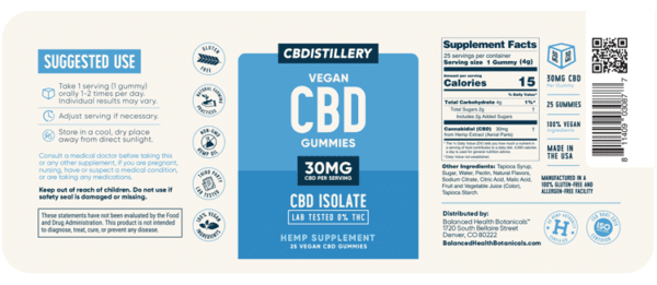 CBDistillery Vegan CBD Gummies Label Nutritional Facts Supplement Facts