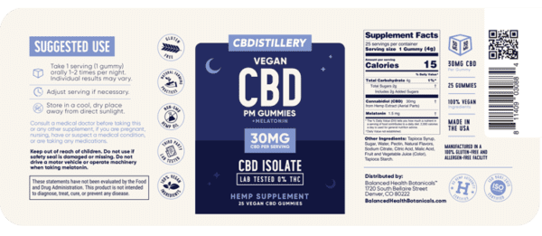 CBDistillery Night-time PM CBD Gummies Label Nutritional Facts Supplement