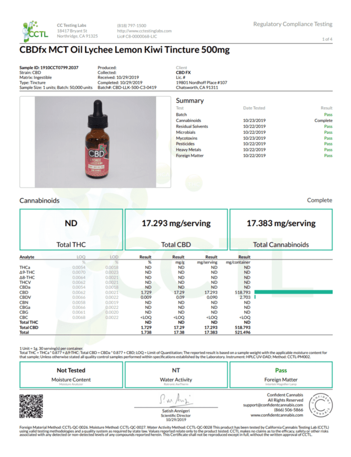 CBDfx Lychee Lemon Kiwi CBD Oil 500 1000 1500 Lab Test Certificate of Analysis