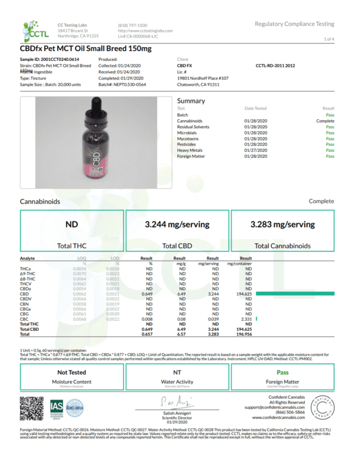 CBDfx Pet CBD Oil 150mg Lab Test Certificate of Analysis