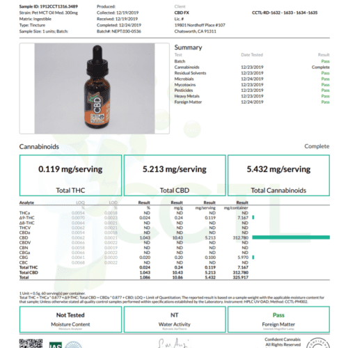 CBDfx Pet CBD Oil 300mg Lab Test Certificate of Analysis
