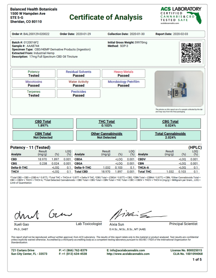 CBDistillery CBD oil 500mg Lab Test Certificate of Analysis