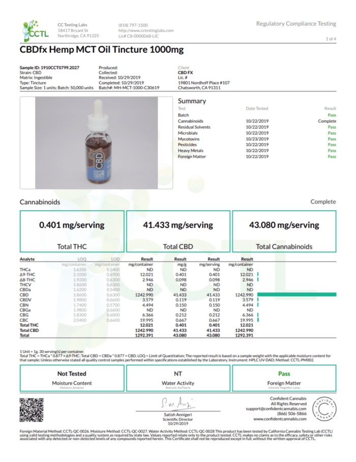 CBDfx CBD Oil 1000mg Lab Test Certification of Analysis