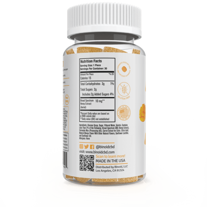 Binoid CBD Mango Gummy 300mg Nutritional Facts Supplement Ingredients Label