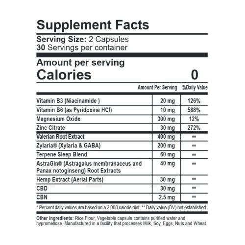 CBDfx CBD + CBN Night Capsules Supplement Facts Calories