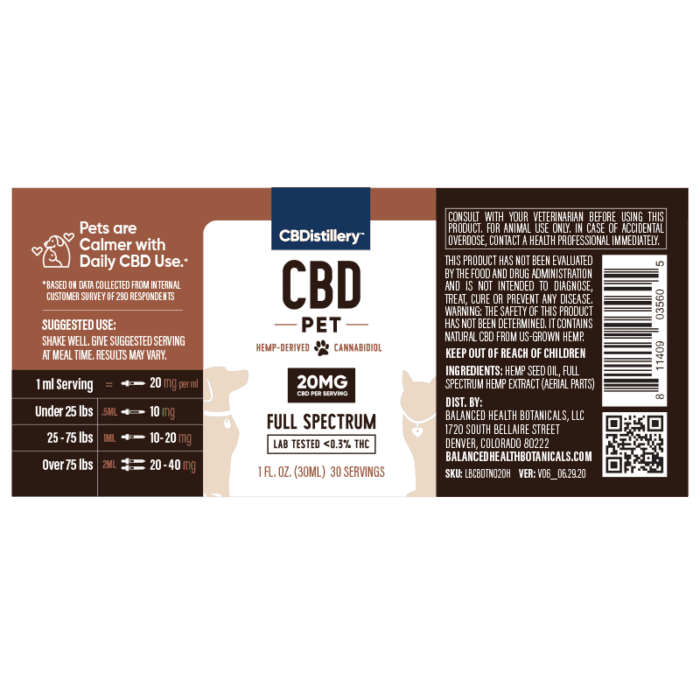 CBDistillery Pet CBD Oil 600mg Large Pets Supplement Facts Label