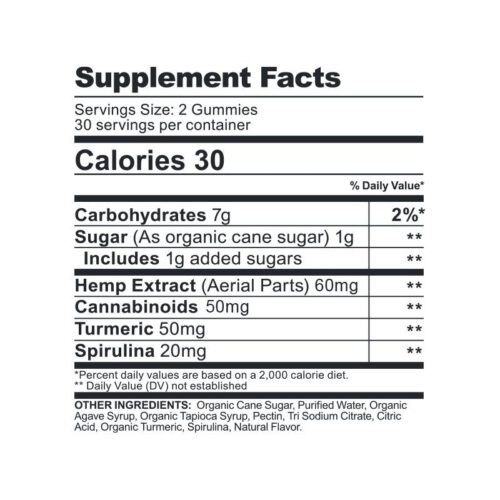 CBDfx CBD Gummies 1500mg Turmeric Spirulina Supplement Nutritional Facts calories