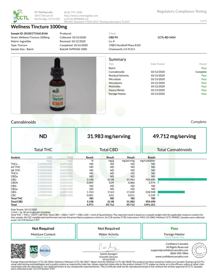 CBDfx CBD CBG Wellness Tincture 1000mg COA