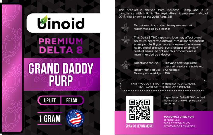 Delta 8 THC Vape Cartridge Buy Online Grand Daddy Purp Legal