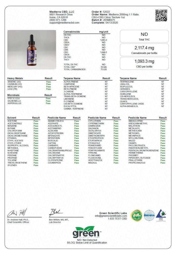 Medterra CBD + CBG Oil 1:1 Citrus 2000mg COA Lab Result