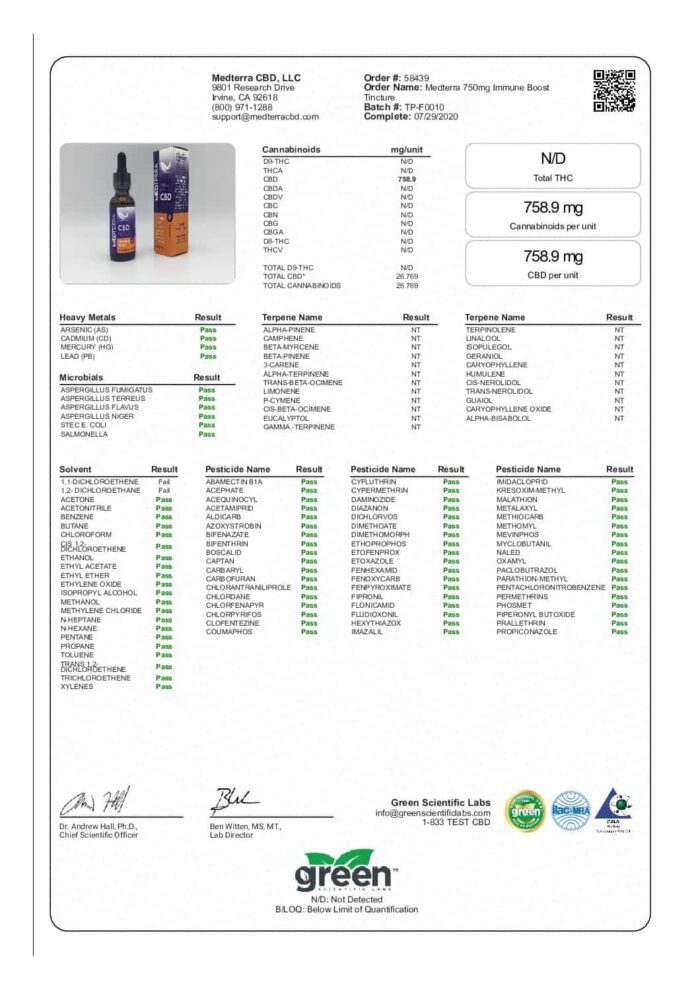 Medterra CBD Oil Drops Immune Boost 750mg COA lab test results