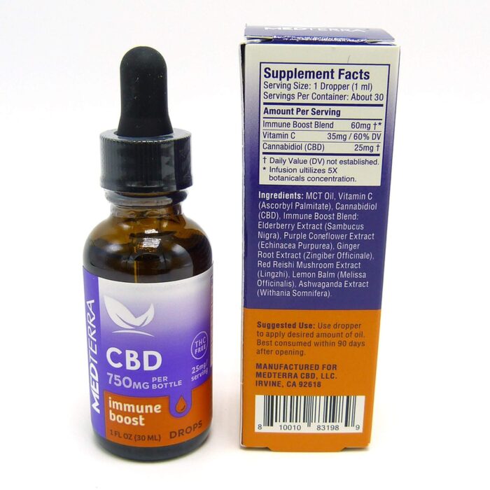 Medterra CBD Oil Drops Immune Boost 750mg Back Supplement Facts Box Ingredients nutritional