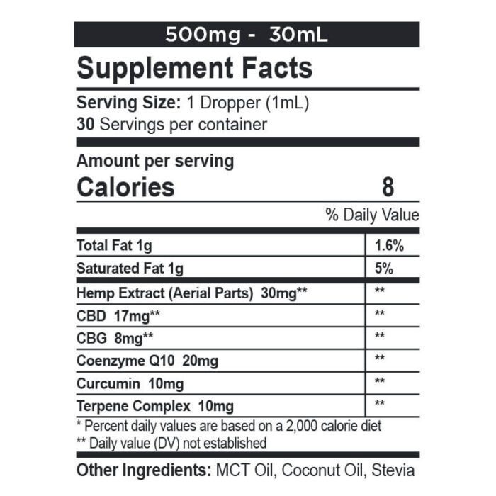 CBDfx CBD + CBG Oil Wellness Tincture 2:1 Supplement Nutritional Facts 500mg