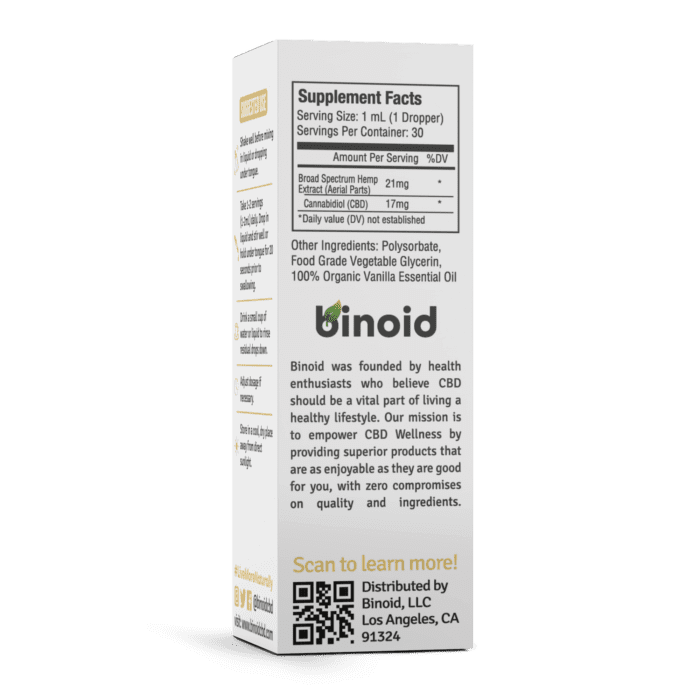 Water-Soluble CBD Oil Drops Vanilla Binoid 500mg Supplement Facts
