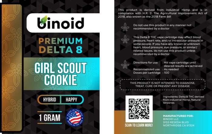 Delta 8 THC Vape Cartridge Girl Scout Cookie GSC Hybrid Happy Terpene Flavor