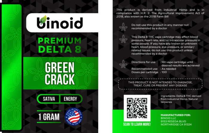 Delta 8 THC Vape Cartridge Green Crack Sativa Terpene Flavor