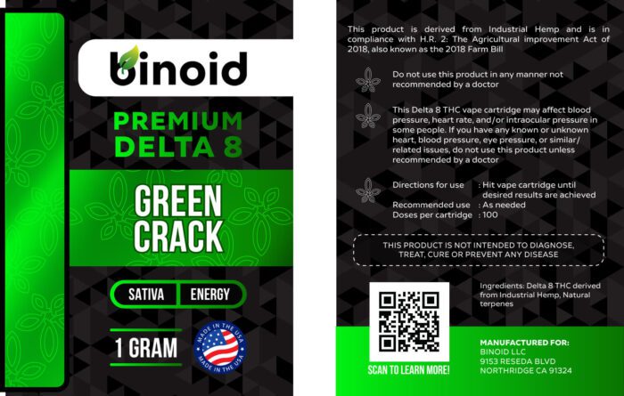 Delta 8 THC Vape Cartridge Green Crack Sativa Terpene Flavor