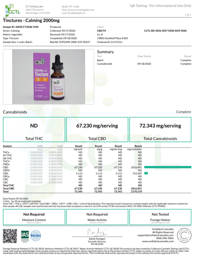 CBDfx CBD CBN Calming Tincture 2000mg COA