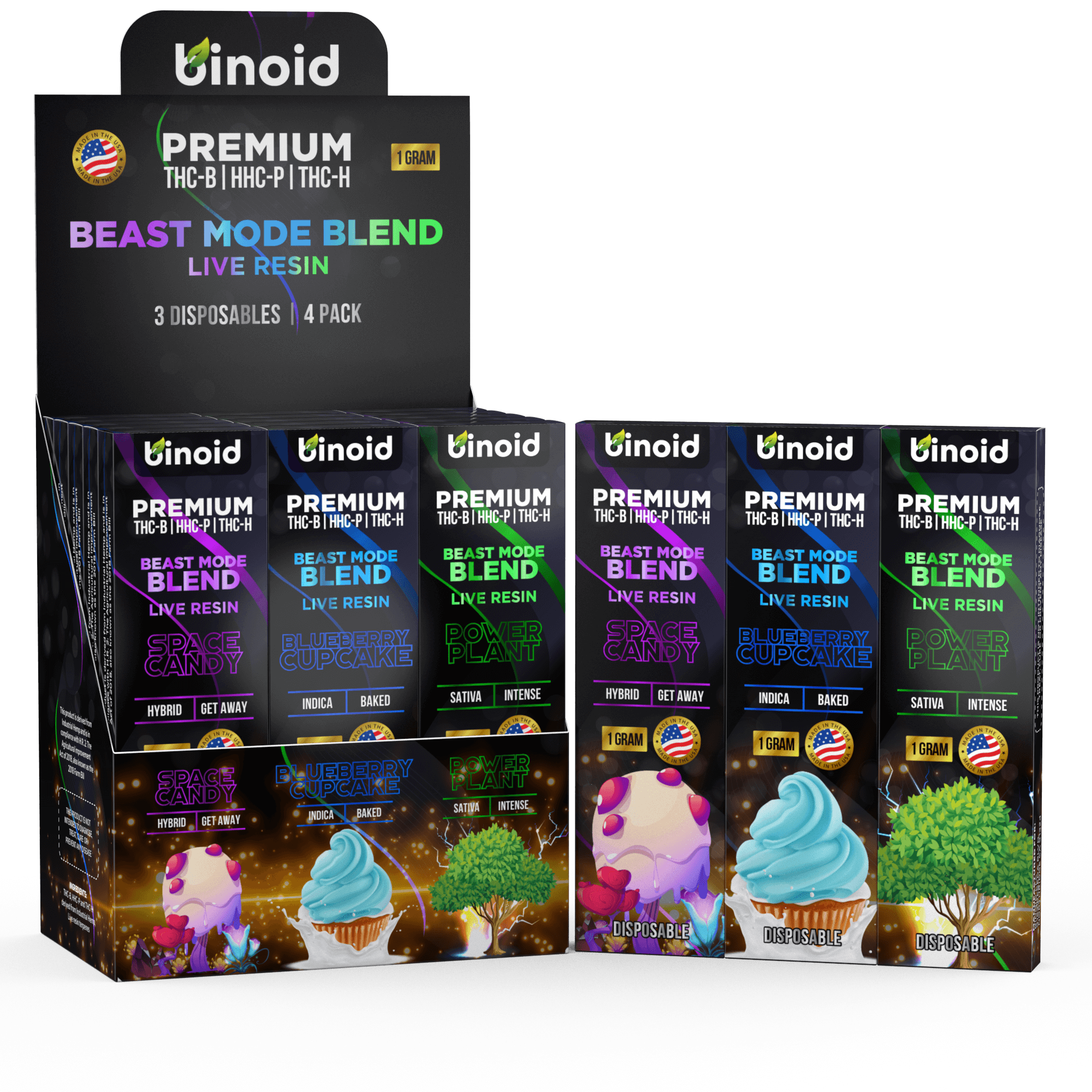 Best Beast Mode Blend Live Resin 3 Pack Combo Space Candy Blueberry Cupcake Power Plant Disposable Display Box Wholesale HHCP